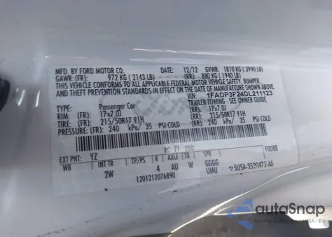 2013 Ford Focus Se z USA, uszkodzony, nr VIN 1FADP3F24DL211123